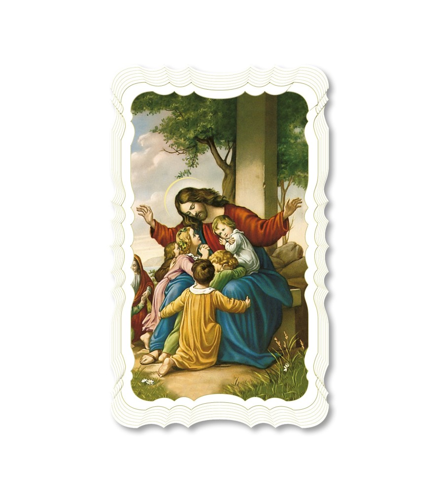 Confezione da 50 pezzi di:Santino di Gesù con i pargoli. Stampato in carta pregiata con oro a caldo e preghiera a retro