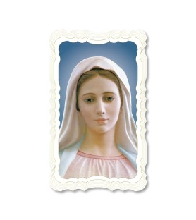 Confezione da 50 pezzi di:Santino della Madonna di Medjugorie. Stampato in carta pregiata con oro a caldo e preghiera a retro