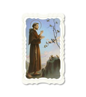 Confezione da 50 pezzi di:Santino di San Francesco d'Assisi. Stampato in carta pregiata con oro a caldo e preghiera a retro