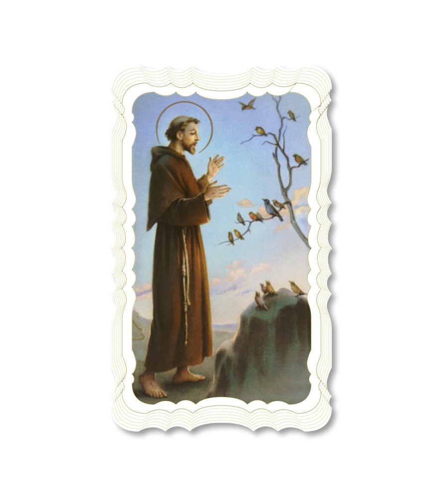 Confezione da 50 pezzi di:Santino di San Francesco d'Assisi. Stampato in carta pregiata con oro a caldo e preghiera a retro Confezione da 50 pezzi di:Santino di San Francesco d'Assisi. Stampato in carta pregiata con oro a caldo e preghiera a retro