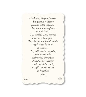 Confezione da 50 pezzi di:Santino di Maria Ausiliatrice. Stampato in carta pregiata con oro a caldo e preghiera a retro