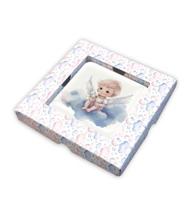 Quadretto in legno angioletto con fiore con scatola regalo