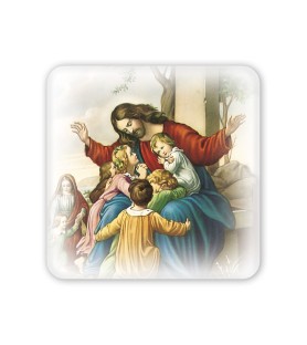 Quadretto in legno Gesù con pargoli con scatola regalo
