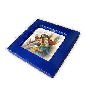 Quadretto in legno Gesù con pargoli con scatola regalo