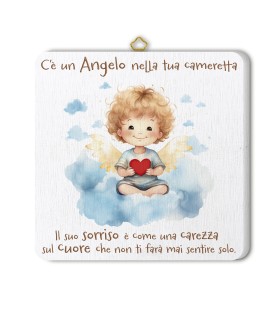 Quadretto in legno angioletto con cuore con scatola regalo