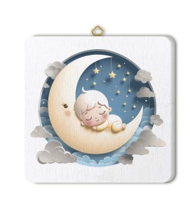 Quadretto in legno per il Battesimo con un bimbo sulla Luna e scatola regalo