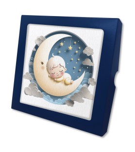 Quadretto in legno per il Battesimo con un bimbo sulla Luna e scatola regalo