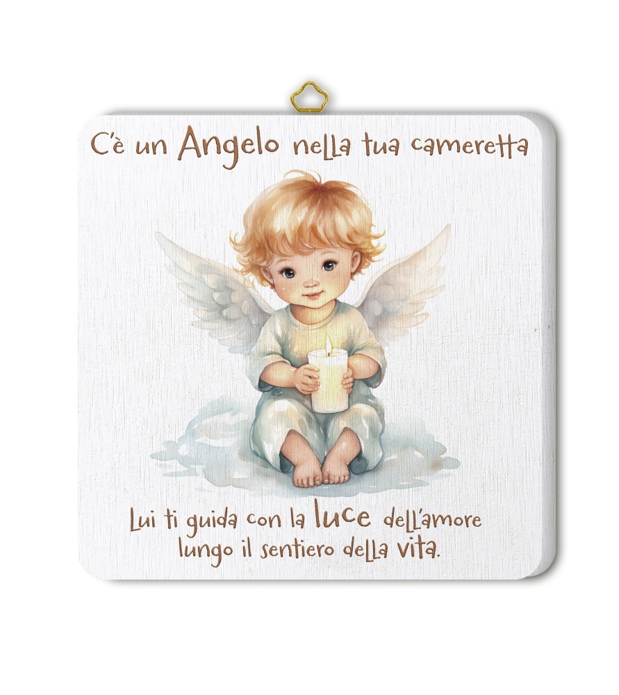 Quadretto in legno angioletto con candela con scatola regalo
