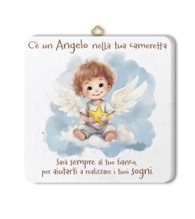 Quadretto in legno angioletto con stella con scatola regalo
