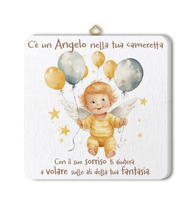 Quadretto in legno angioletto con palloncini con scatola regalo