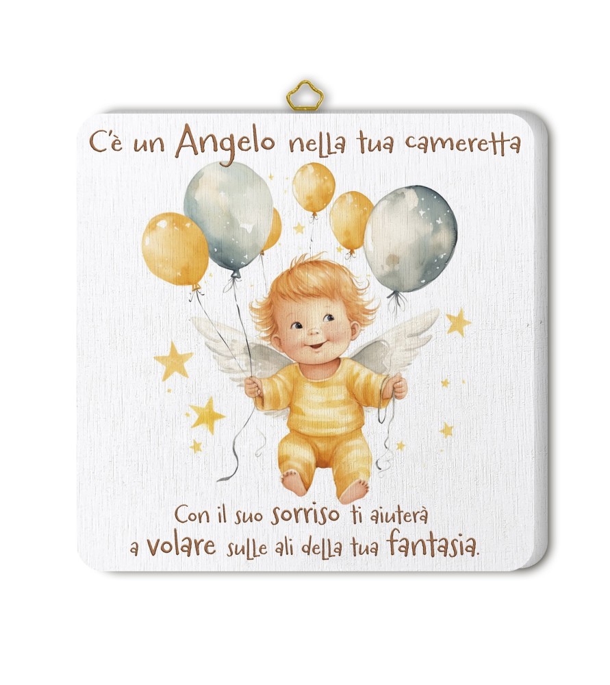 Quadretto in legno angioletto con palloncini con scatola regalo