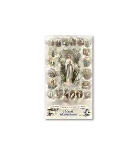 Pacco da 100 pezzi di: Santino Madonna del Rosario con le miniature dei 20 Misteri con preghiera