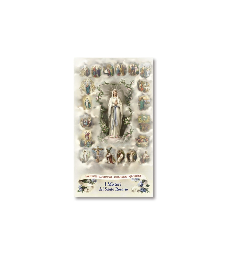 Pacco da 100 pezzi di: Santino Madonna del Rosario con le miniature dei 20 Misteri con preghiera