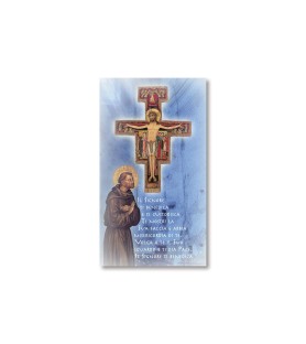 Pacco da 100 pezzi di: Santino San Francesco d'Assisi in preghiera davanti al Crocefisso di San Damiano con preghiera