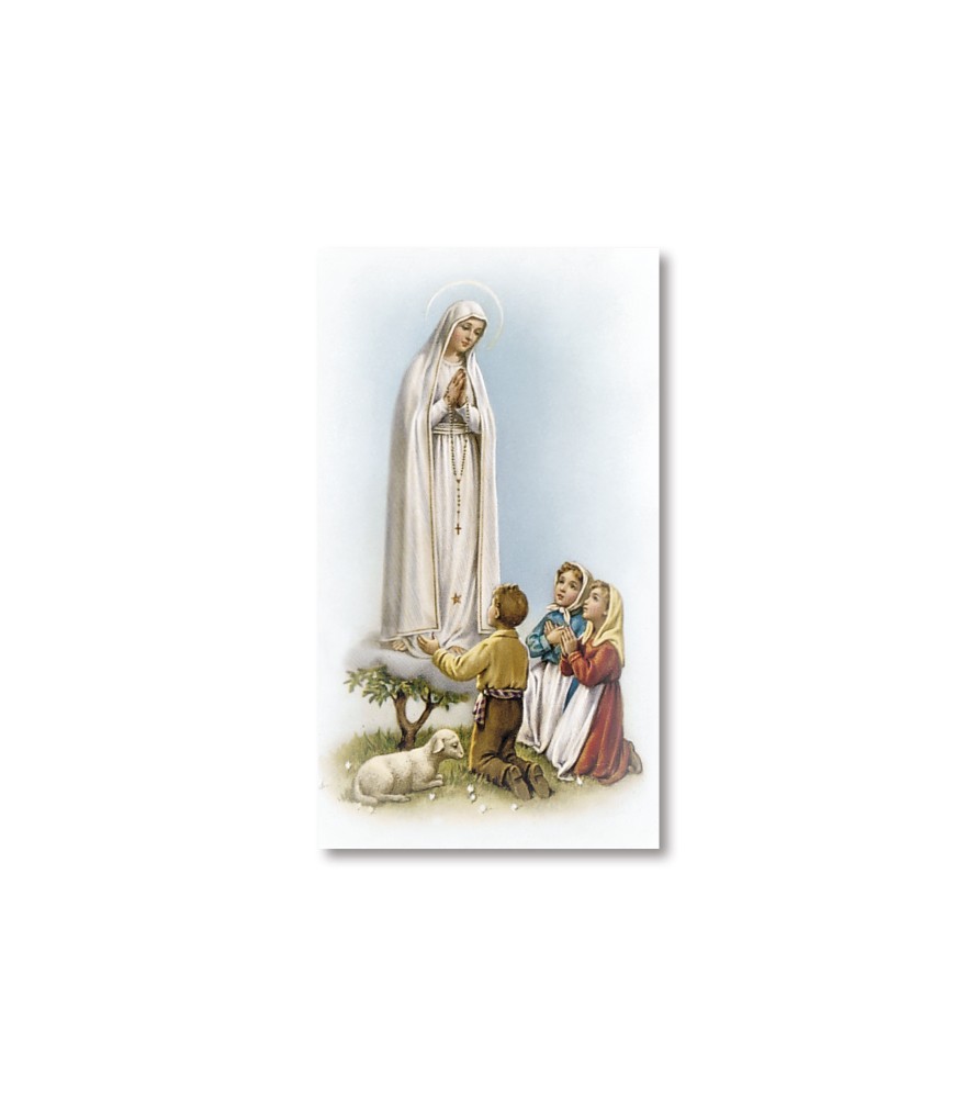 Pacco da 100 pezzi di: Santino Madonna di Fatima con i tre pastorelli con preghiera