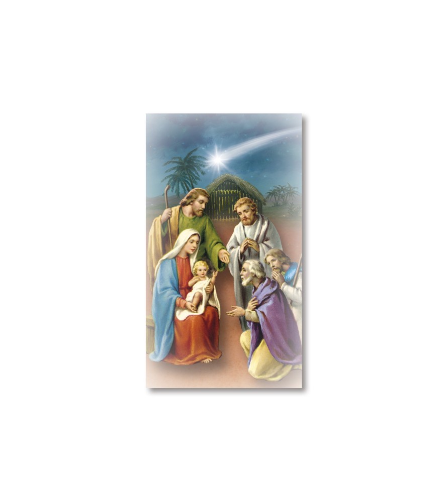 Pacco da 100 pezzi di: Santino Natività con Re Magi con preghiera Pacco da 100 pezzi di: Santino Natività con Re Magi con preghiera