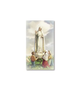 Pacco da 100 pezzi di: Santino Madonna di Fatima con i tre pastorelli con preghiera