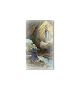 Pacco da 100 pezzi di: Santino Apparizione della Vergine di Lourdes a Bernadette con preghiera