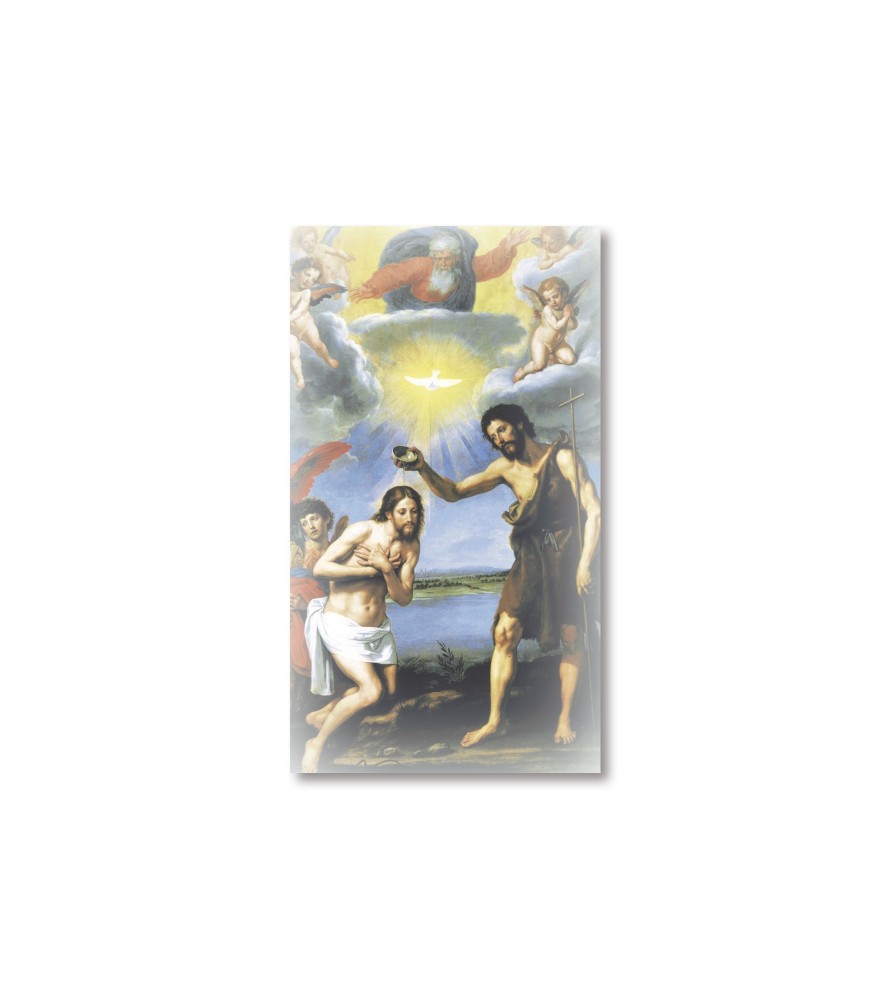 Pacco da 100 pezzi di: Santino San Giovanni Battista che battezza Gesù nel Giordano con preghiera Pacco da 100 pezzi di: Santino San Giovanni Battista che battezza Gesù nel Giordano con preghiera