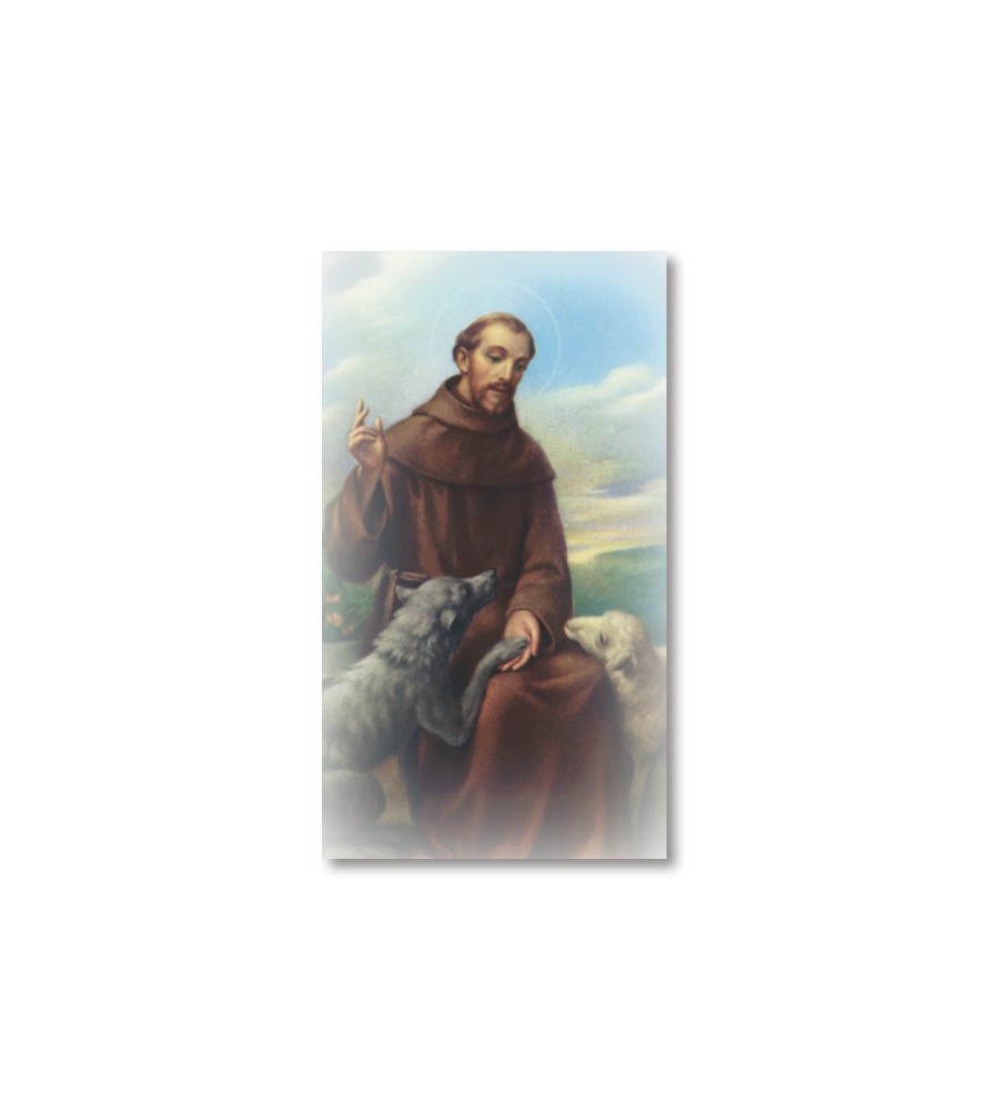 Pacco da 100 pezzi di: Santino San Francesco d'Assisi con il lupo con preghiera Pacco da 100 pezzi di: Santino San Francesco d'Assisi con il lupo con preghiera
