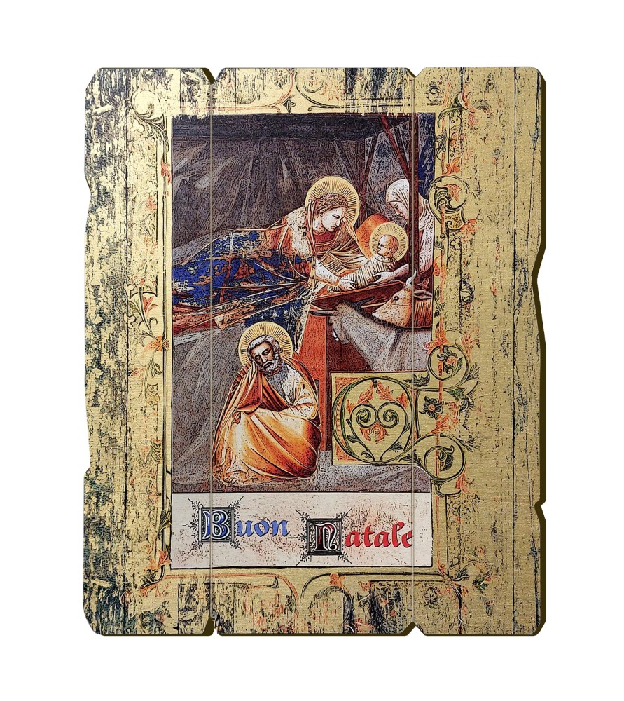 Quadro in legno sagomato stile vintage con la Natività di Giotto Quadro in legno sagomato stile vintage con la Natività di Giotto