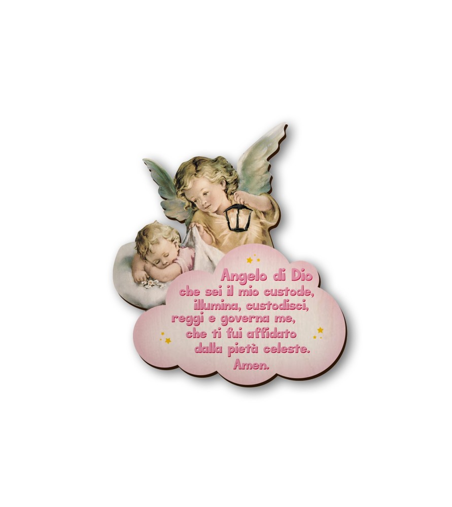 Quadretto in legno sagomato dell'Angelo con lanterna con preghiera Angelo di Dio su fondo rosa Quadretto in legno sagomato dell'Angelo con lanterna con preghiera Angelo di Dio su fondo rosa