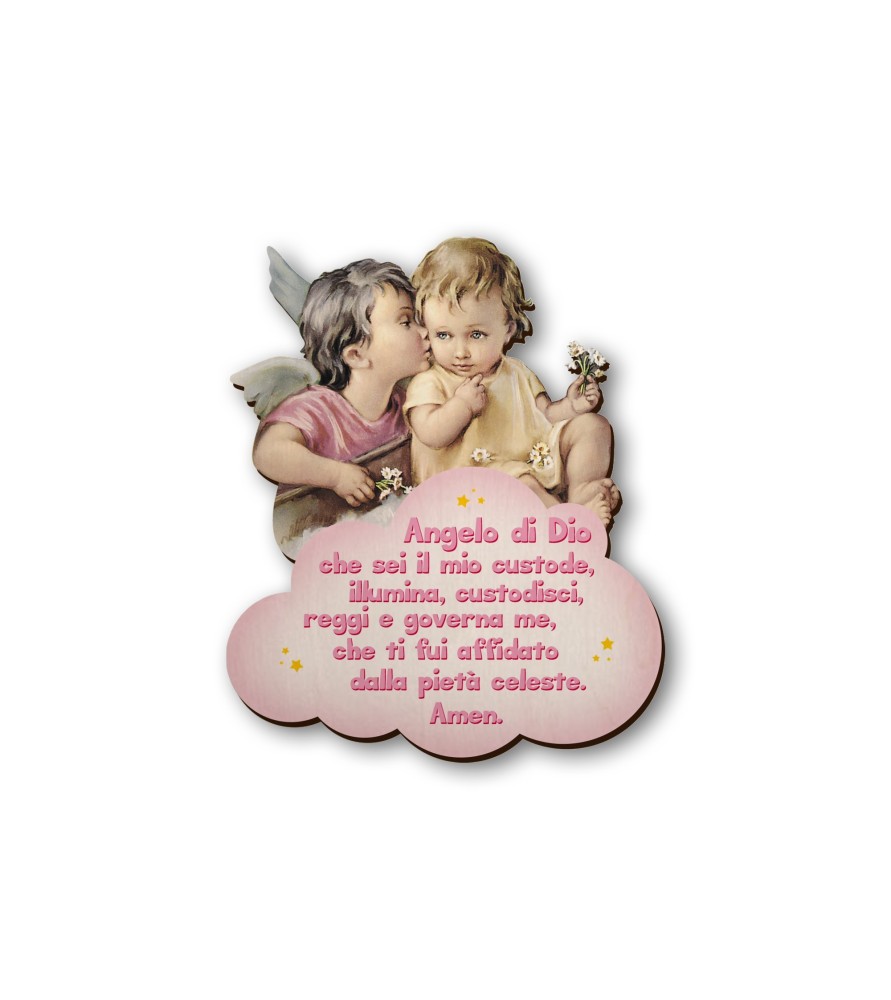 Quadretto in legno sagomato dell'Angelo del bacio con preghiera Angelo di Dio su fondo rosa