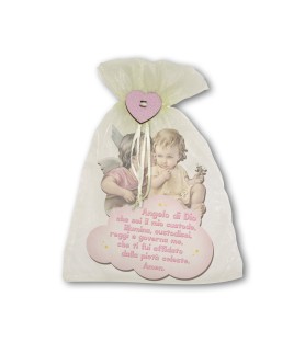 Quadretto in legno sagomato dell'Angelo del bacio con preghiera Angelo di Dio su fondo rosa