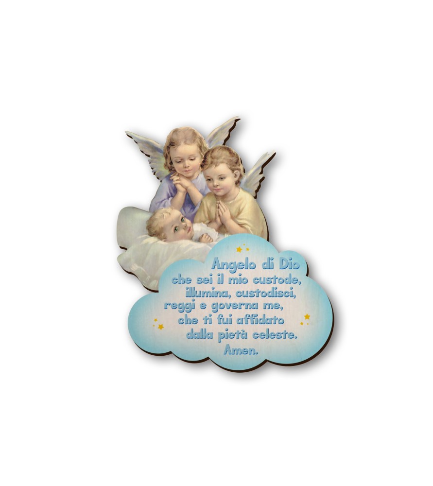 Quadretto in legno sagomato del bambino in culla vegliato da due angeli con preghiera Angelo di Dio su fondo azzurro Quadretto in legno sagomato del bambino in culla vegliato da due angeli con preghiera Angelo di Dio su fondo azzurro