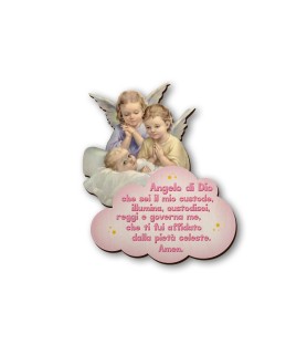 Quadretto in legno sagomato del bambino in culla vegliato da due angeli con preghiera Angelo di Dio su fondo rosa