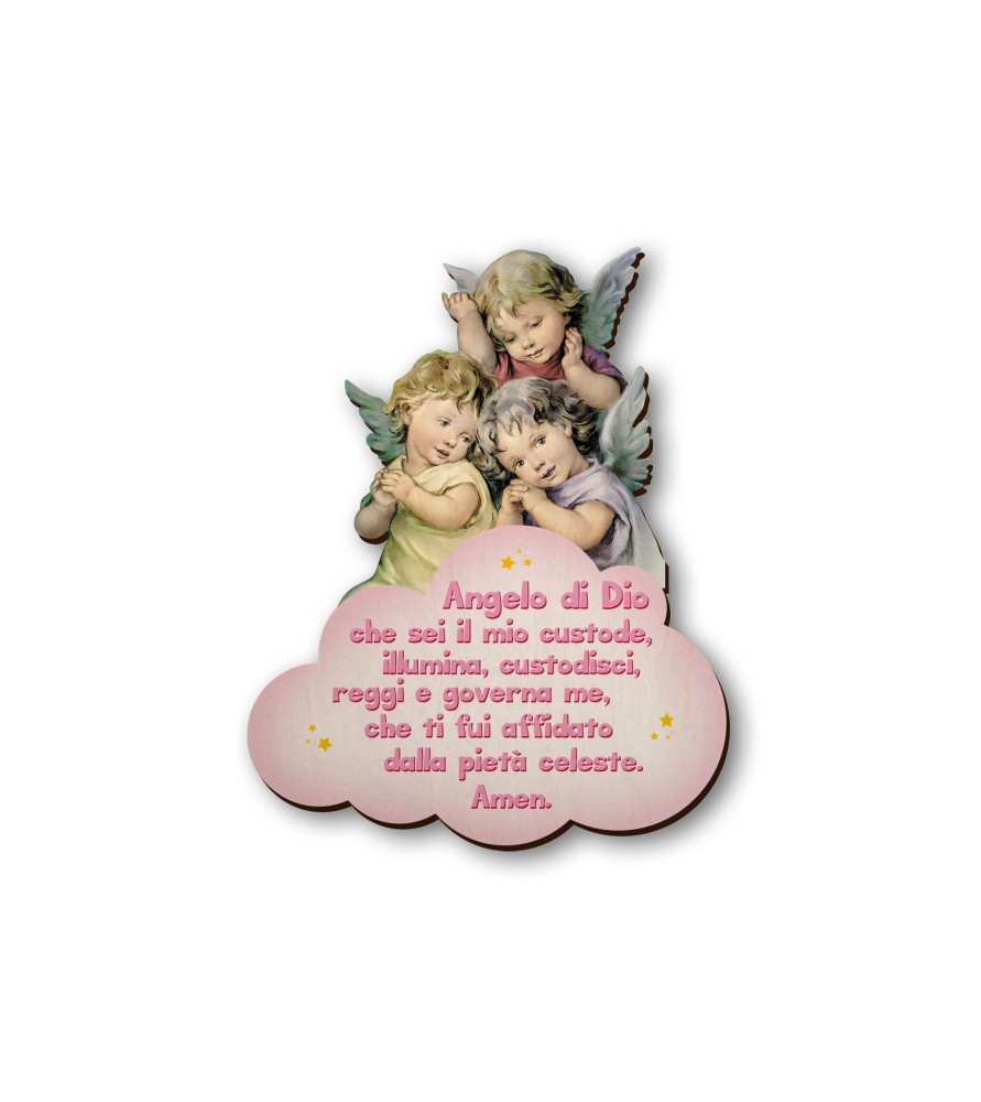 Quadretto in legno sagomato di tre angioletti in preghiera con preghiera Angelo di Dio su fondo rosa Quadretto in legno sagomato di tre angioletti in preghiera con preghiera Angelo di Dio su fondo rosa