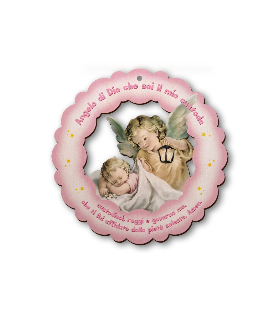 Ghirlanda in legno sagomato dell'Angelo con lanterna con preghiera Angelo di Dio su fondo rosa Ghirlanda in legno sagomato dell'Angelo con lanterna con preghiera Angelo di Dio su fondo rosa