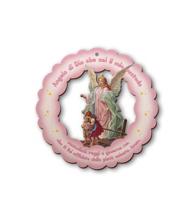 Ghirlanda in legno sagomato dell'Angelo sul ponte con preghiera Angelo di Dio su fondo rosa