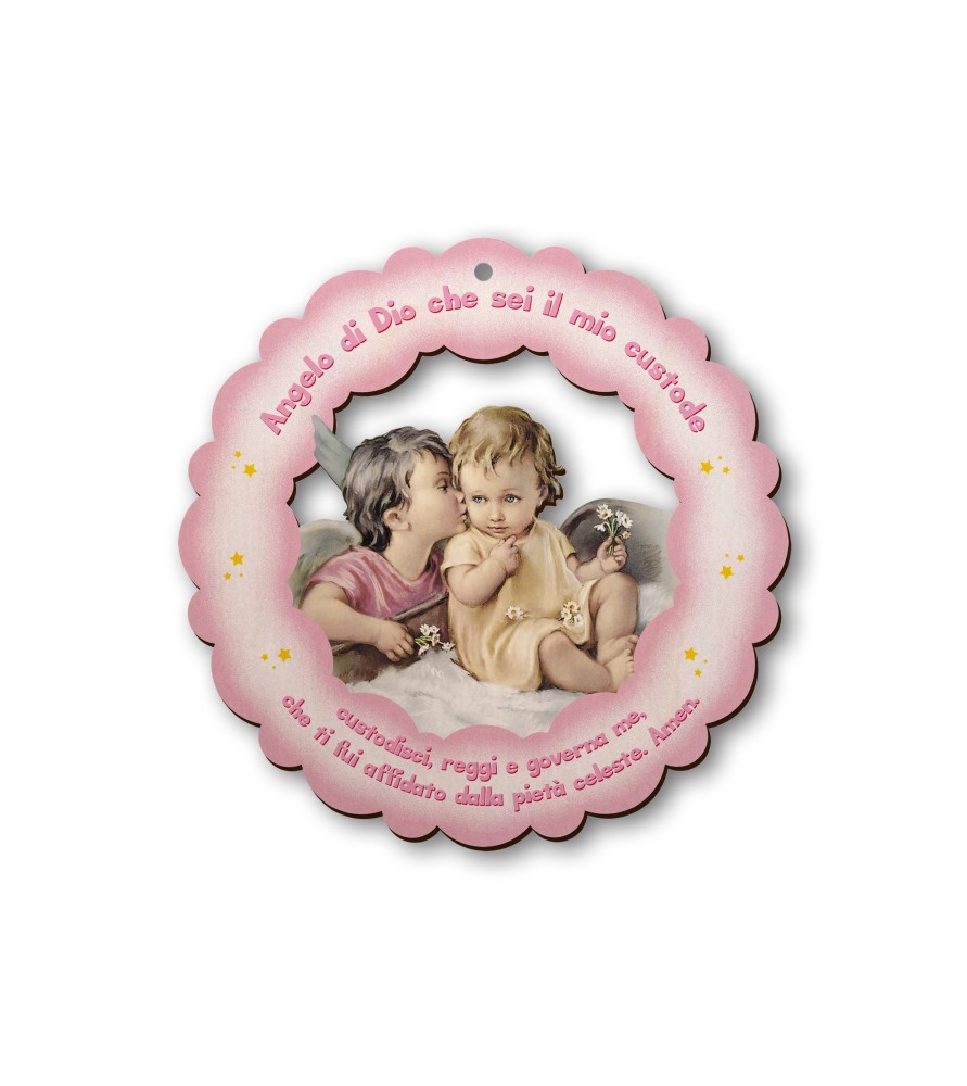 Ghirlanda in legno sagomato dell'Angelo del bacio con preghiera Angelo di Dio su fondo rosa Ghirlanda in legno sagomato dell'Angelo del bacio con preghiera Angelo di Dio su fondo rosa