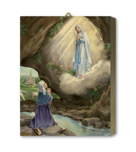 Tavola Lignea dell'Apparizione di Lourdes con Bernadette nella grotta in scatola regalo