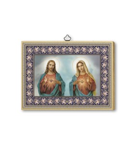 Quadretto in MDF con bordo dorato con il Sacro Cuore di Gesù e il Cuore Immacolato di Maria
