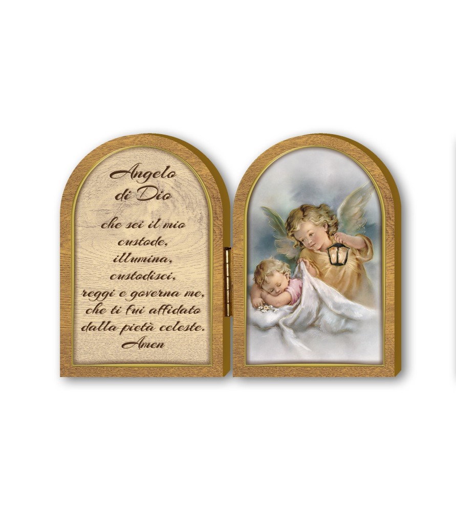 Dittico in legno dell'Angelo con lanterna con preghiera