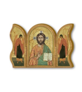 Trittico devozionale in legno di Gesù Maestro