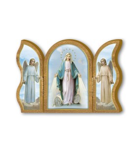 Trittico devozionale in legno della Madonna Miracolosa con medaglie