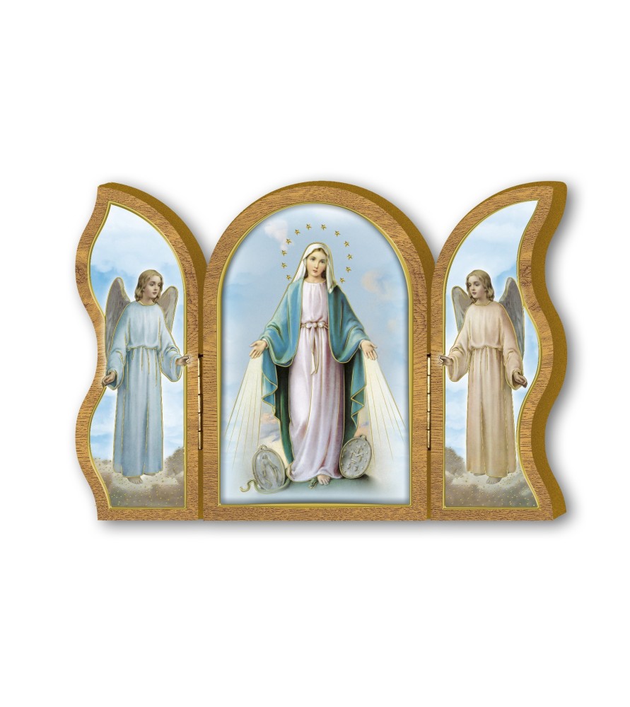 Trittico devozionale in legno della Madonna Miracolosa con medaglie