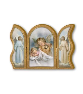 Trittico devozionale in legno dell'Angelo con lanterna
