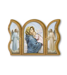 Trittico devozionale in legno della Madonna con bambino