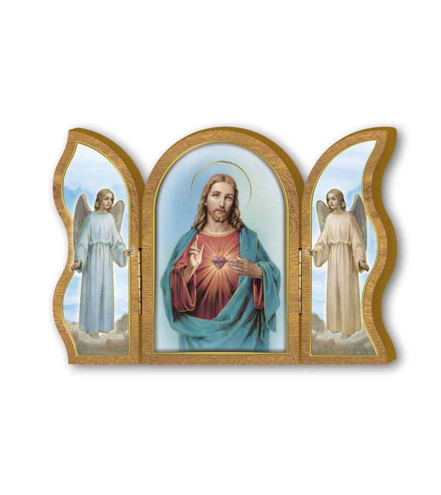 Trittico devozionale in legno del Sacro Cuore di Gesù