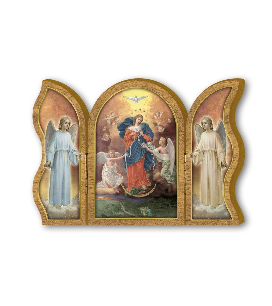Trittico devozionale in legno della Maria che scioglie i nodi