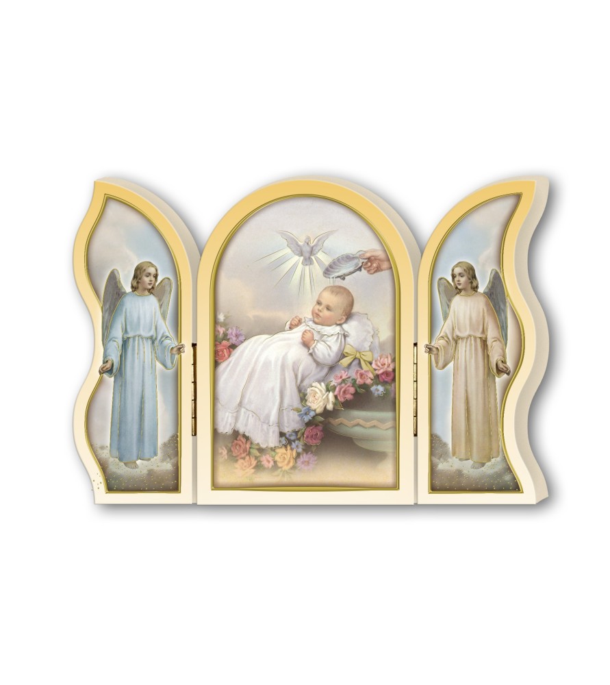Trittico devozionale in legno di Battesimo