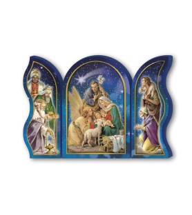 Trittico devozionale in legno della Sacra Famiglia con angelo e Re Magi