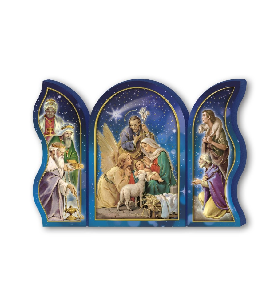 Trittico devozionale in legno della Sacra Famiglia con angelo e Re Magi Trittico devozionale in legno della Sacra Famiglia con angelo e Re Magi