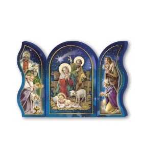 Trittico devozionale in legno della Sacra Famiglia con bue e asinello