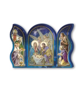 Trittico devozionale in legno della Sacra Famiglia con angeli e Re Magi