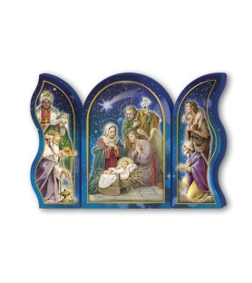 Trittico devozionale in legno della Sacra Famiglia con angelo e Re Magi